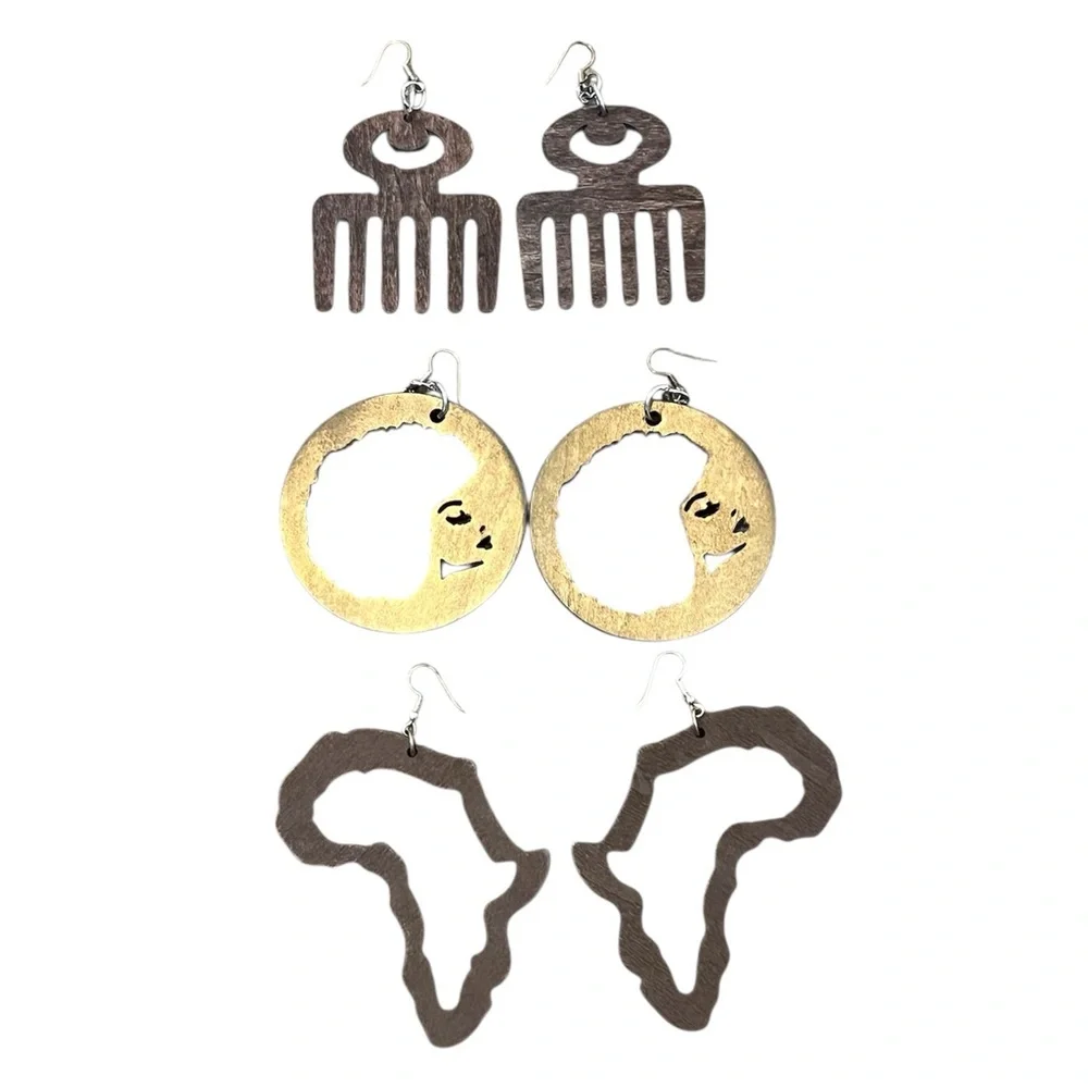 Unique Afro African Hair Wooden Earrings Set